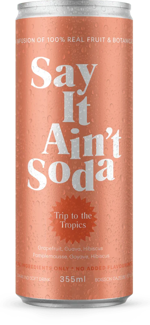 Can of 'Say It Ain't Soda' with a tropical design on a white background